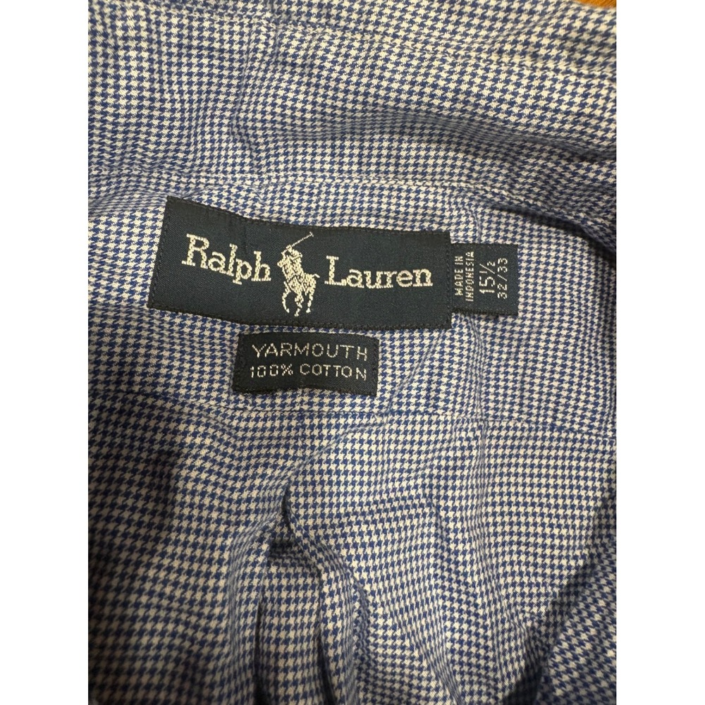 Ralph Lauren Yarmouth Mens Blue White Houndstooth Cotton Button Down Shirt 15.5
